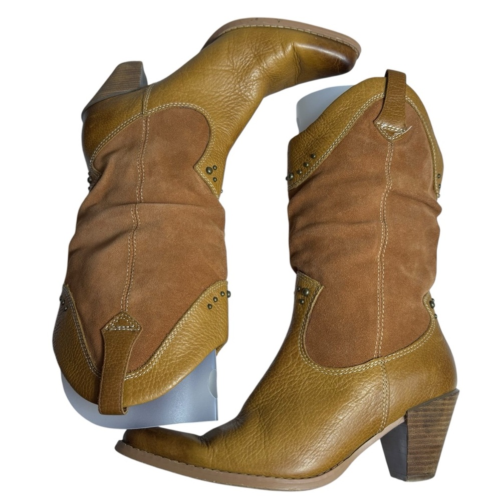 Bass Caspian Suede & Leather Slouch Cowboy Boots | Brown/Tan | 6.5M EUC - Picture 3 of 10